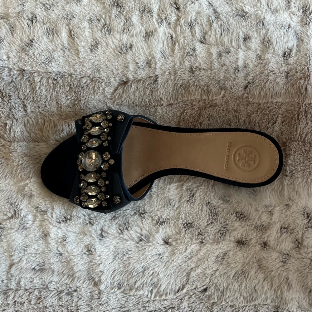 Tory Burch Navy Blue Mules Crystal Embellished